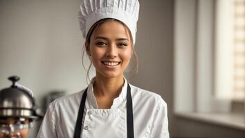 AI generated Happy woman cook in restaurant kitchen photo