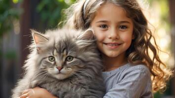 AI generated Little girl with cute cat outdoor portrait photo