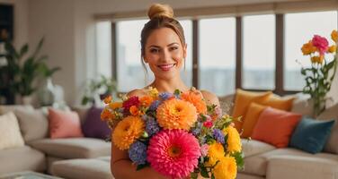 AI generated Portrait of a beautiful woman with a bouquet of flowers in the living room photo