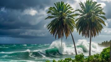 ai generado fuerte viento tropical tormenta palma árboles, Oceano apuntalar foto