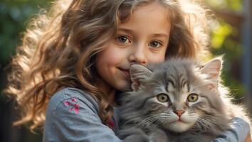 ai generado pequeño niña con linda gato al aire libre retrato foto