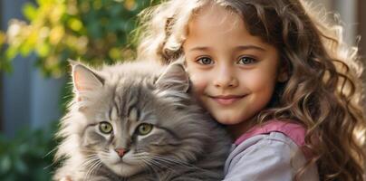 ai generado pequeño niña con linda gato al aire libre retrato foto