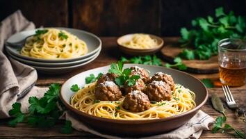 AI generated Delicious appetizing meatballs with spaghetti in the kitchen photo