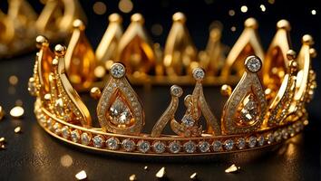 AI generated Beautiful golden crown with stones on a dark background photo