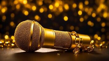 AI generated Beautiful golden microphone on a dark background photo