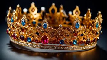 AI generated Beautiful golden crown with stones on a dark background photo