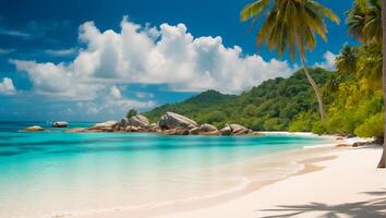 ai generado magnífico soleado playa en seychelles foto