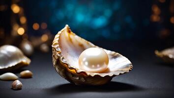 AI generated Beautiful shell with pearls on a dark background photo