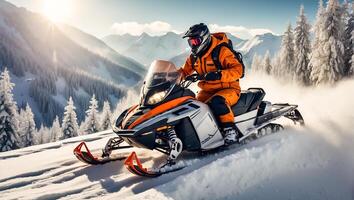 AI generated Racers ride a snowmobile in a winter suit in a beautiful magnificent snowy forest, mountains photo