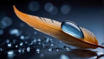 AI generated Beautiful feather, drop of water dark background photo