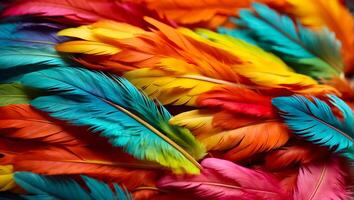 ai generado multicolor plumas de cerca antecedentes foto