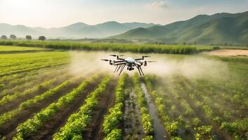 AI generated drone flies and sprays green plants in the beds photo