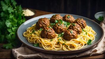 AI generated Delicious appetizing meatballs with spaghetti in the kitchen photo