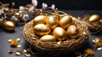 AI generated Beautiful golden Easter eggs on an old dark background photo