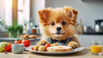 ai generado linda perro sentado en el cocina a el mesa foto