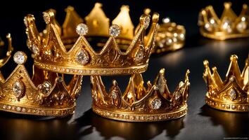 AI generated Beautiful golden crown with stones on a dark background photo