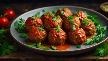 AI generated Delicious appetizing meatballs in tomato sauce on the table photo