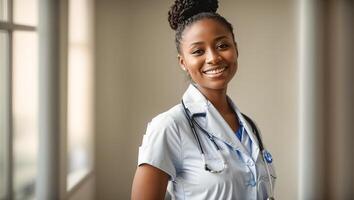 ai generado retrato de un contento africano americano hembra médico en un niña clínica foto