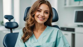 AI generated Beautiful girl in a dental chair in a clinic photo