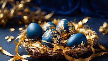 AI generated Beautiful golden Easter eggs on an old dark background photo