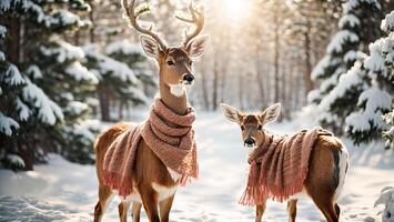 AI generated cute deer in the winter forest photo