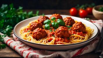 AI generated Delicious appetizing meatballs with spaghetti, tomato sauce in the kitchen photo