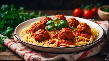 ai generado delicioso apetitoso albóndigas con espaguetis, tomate salsa en el cocina foto