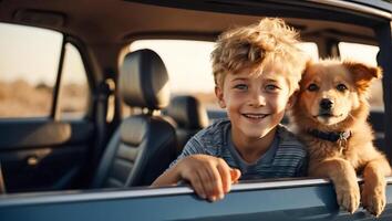 ai generado pequeño contento chico con un perro en un coche foto