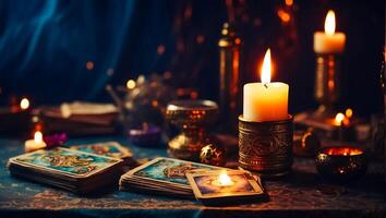 ai generado tarot tarjetas, velas antecedentes foto