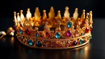 AI generated Beautiful golden crown with stones on a dark background photo