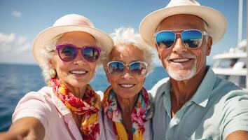 ai generado retrato de contento mayor personas en vacaciones a mar foto