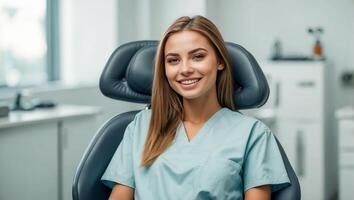 AI generated Beautiful girl in a dental chair in a clinic photo