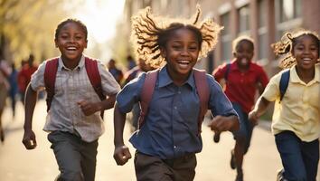 AI generated happy african american schoolchildren running through the school yard photo