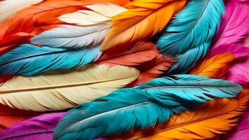 AI generated Multicolored feathers closeup background photo