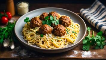 AI generated Delicious appetizing meatballs with spaghetti in the kitchen photo