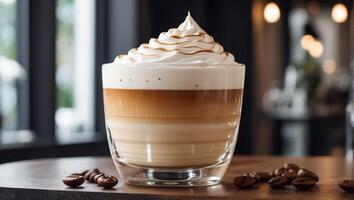 AI generated Beautiful latte coffee with whipped cream in a glass in a cafe photo