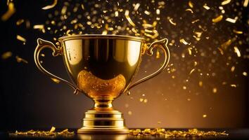 AI generated Golden winner cup on dark background photo