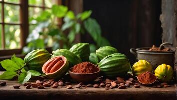 AI generated Ripe cocoa fruits in the kitchen photo