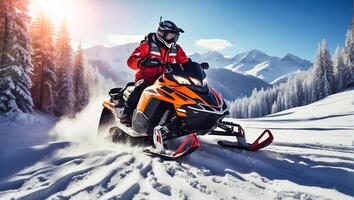 AI generated Racers ride a snowmobile in a winter suit in a beautiful magnificent snowy forest, mountains photo