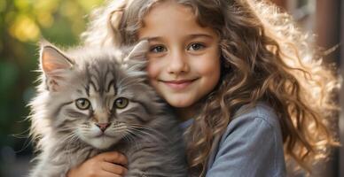 ai generado pequeño niña con linda gato al aire libre retrato foto