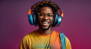 ai generado retrato de un contento africano americano hombre en auriculares foto