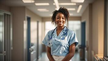 ai generado retrato de un contento africano americano hembra médico en un niña clínica foto