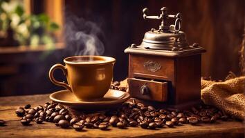 AI generated Cup of coffee, grains vintage background photo