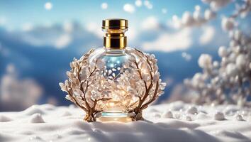 AI generated Beautiful bottle of perfume in the snow photo