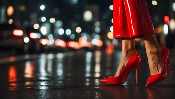 AI generated Female legs in beautiful red patent leather stilettos at night photo