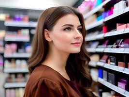 AI generated Happy Beautiful woman shopping in a Cosmetic and Beauty Supply Store photo