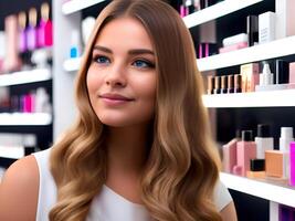 AI generated Happy Beautiful woman shopping in a Cosmetic and Beauty Supply Store photo