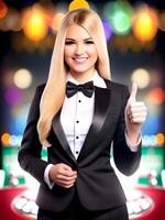 AI generated happy woman croupier or dealer wearing a tuxedo - Generated image photo