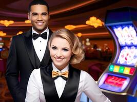 AI generated woman an a man croupier or dealer wearing a tuxedo in a casino - Generated image photo