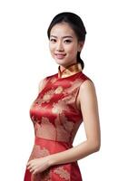 ai generado contento hermosa asiático mujer con vistiendo tradicional cheongsam vestir - generado imagen foto